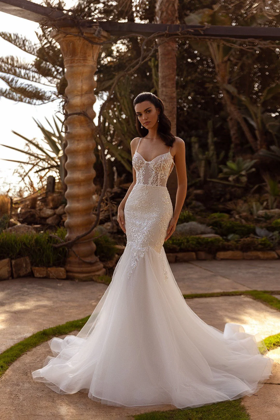 White Lace Mermaid Wedding Dress with Sheer Train and Spaghetti Straps - Plus Size-Brenda