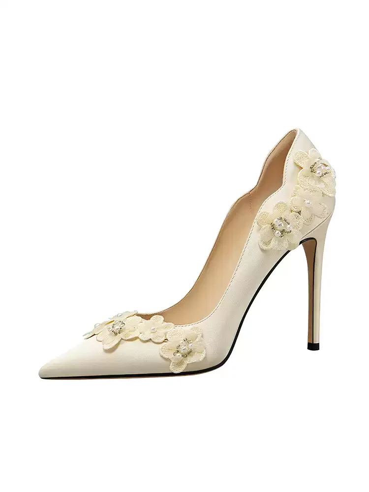 Bridal Champagne and Silver High Heels - Elegant Pearl-Embellished Design