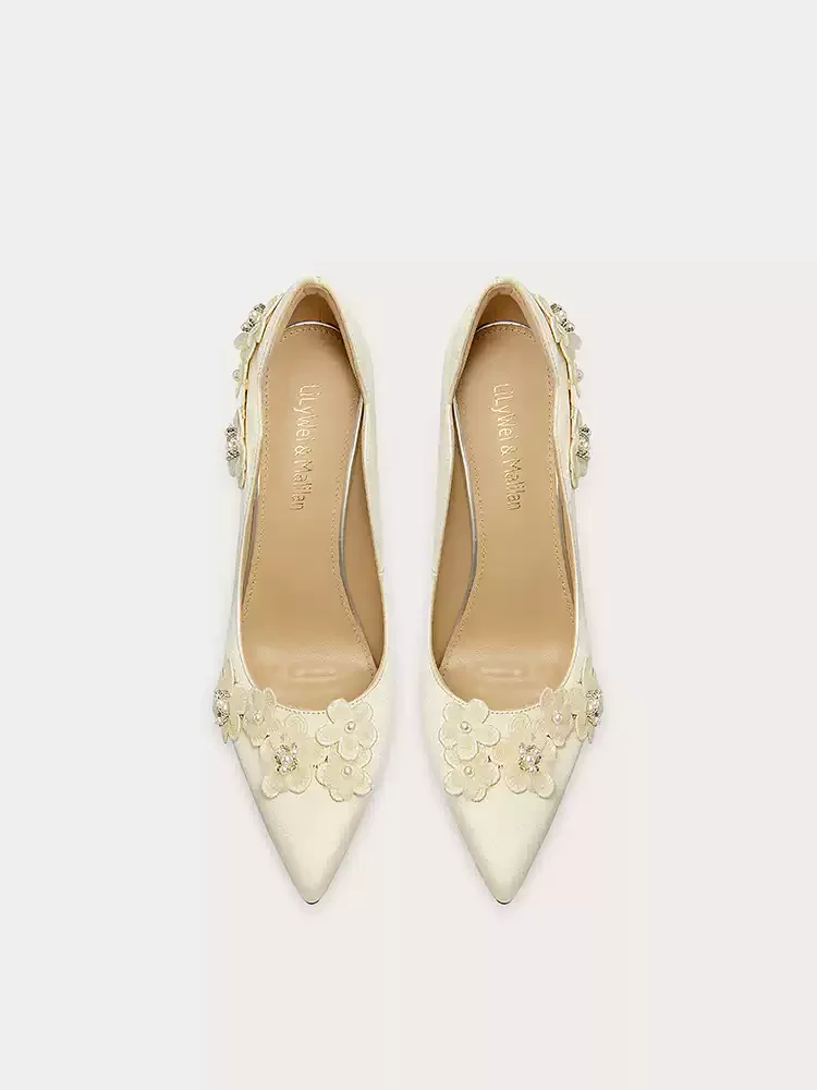 Bridal Champagne and Silver High Heels - Elegant Pearl-Embellished Design - Image 3