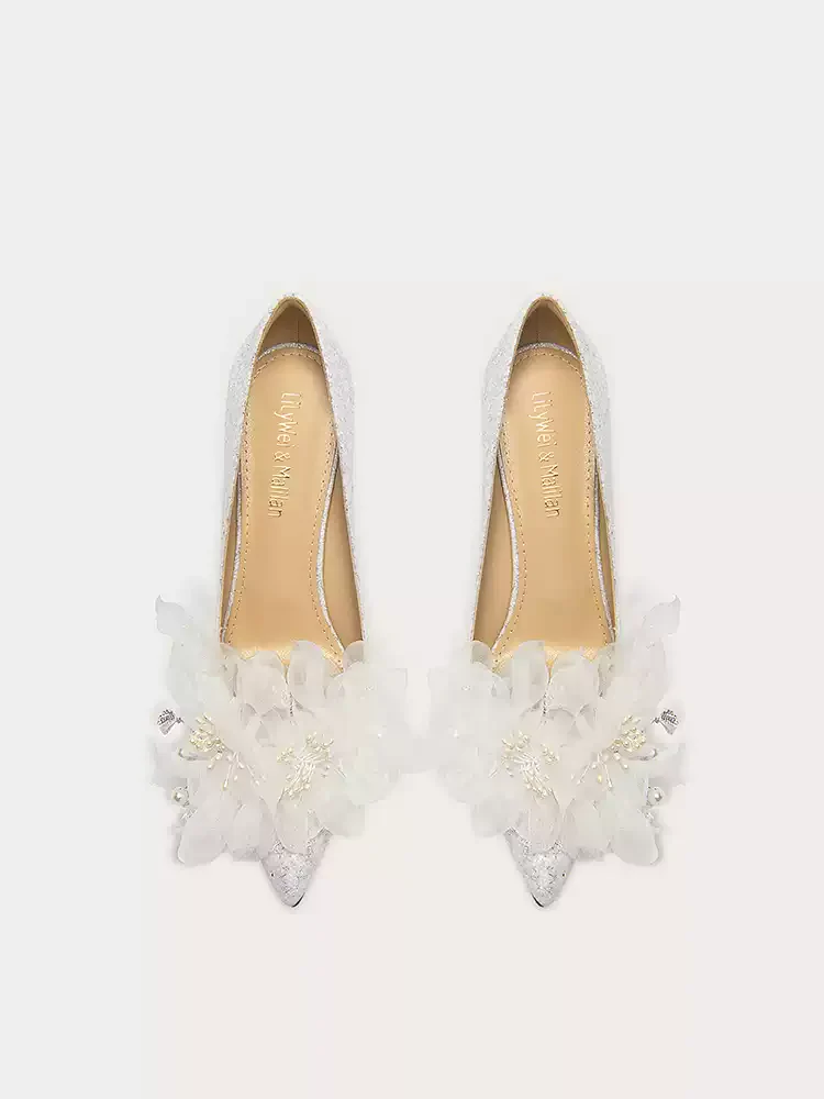Bridal Elegant Floral Lace High Heels with Beaded Detailing - Vintage Inspired - Image 3