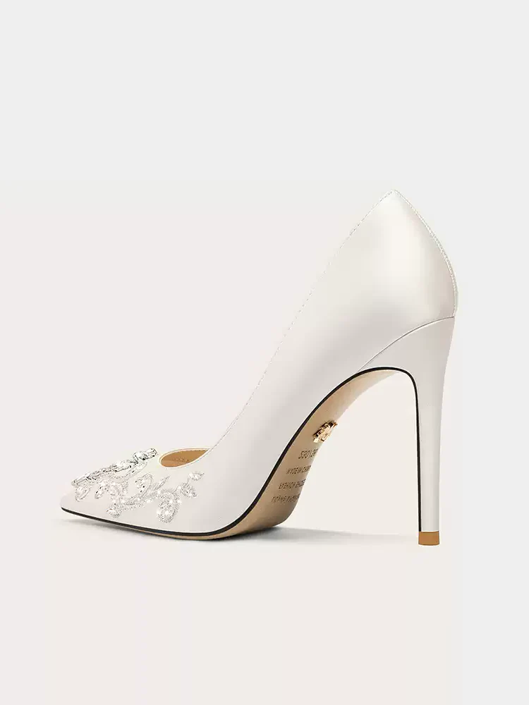 Bridal White Satin High Heels with Rhinestone Embellishments - Image 2