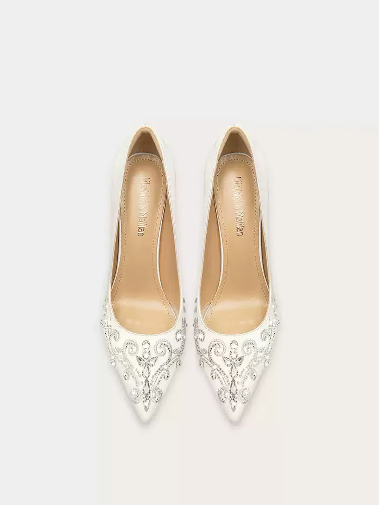 Bridal White Satin High Heels with Rhinestone Embellishments - Image 3