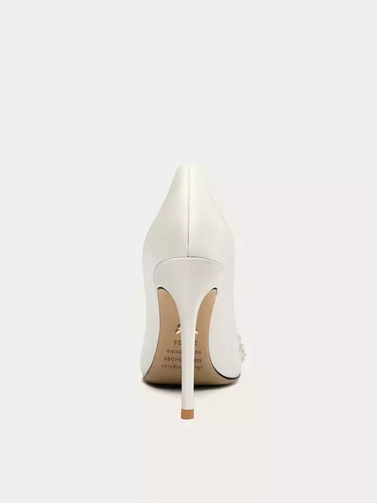 Bridal White Satin High Heels with Rhinestone Embellishments - Image 4