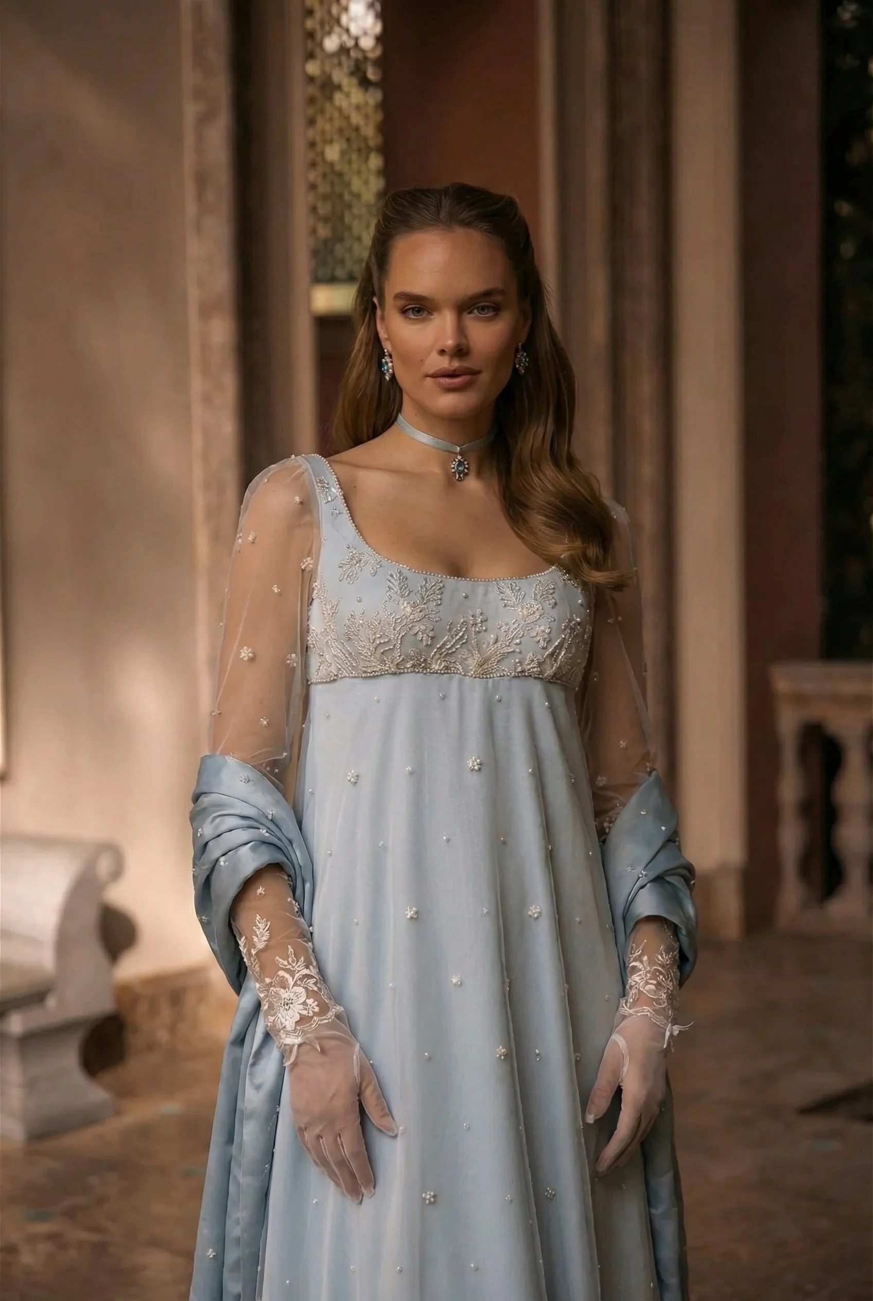 Bridgerton Inspired Daphne Blue Lace Dress Sleeveless - Regency Era Blue Empire Waist Dress Plus Size - Image 4