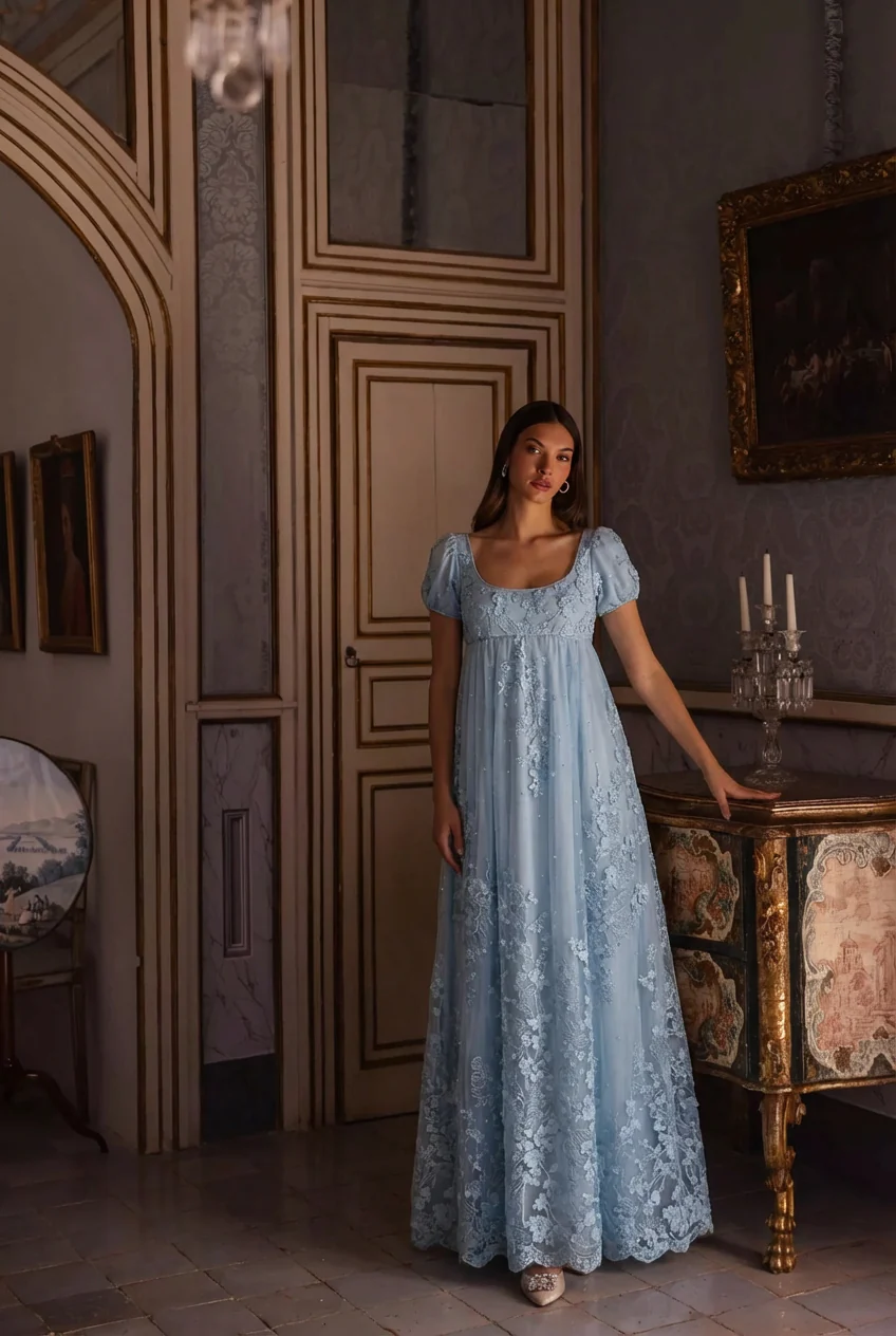 Bridgerton Daphne Blue Pink Lilac Lace Dress With Beading- Regency Era Blue Lace Dress Plus Size