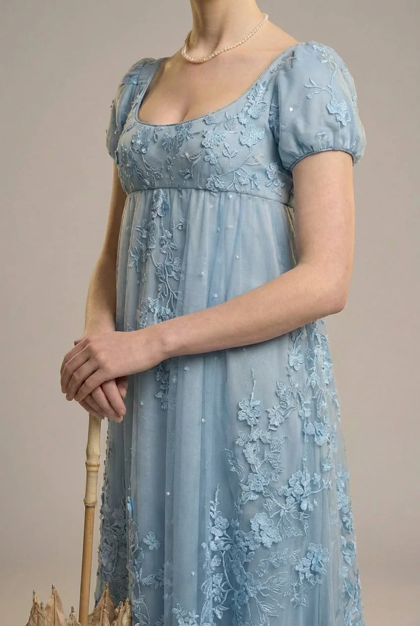 Bridgerton Daphne Blue Pink Lilac Lace Dress With Beading- Regency Era Blue Lace Dress Plus Size - Image 10