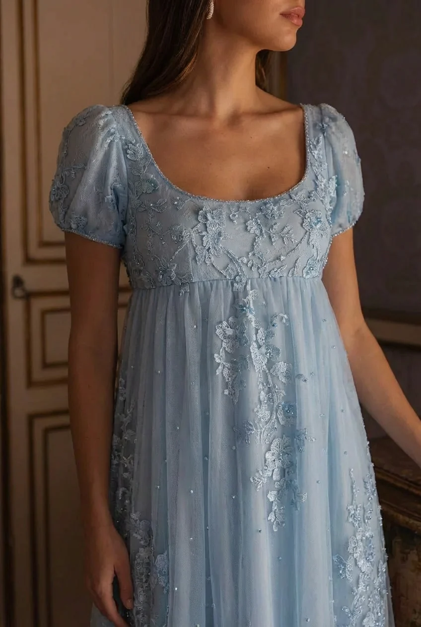 Bridgerton Daphne Blue Pink Lilac Lace Dress With Beading- Regency Era Blue Lace Dress Plus Size - Image 3