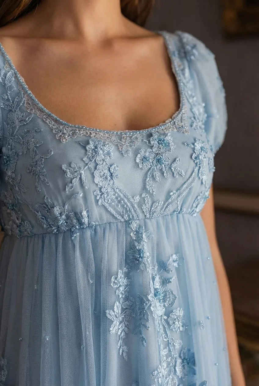 Bridgerton Daphne Blue Pink Lilac Lace Dress With Beading- Regency Era Blue Lace Dress Plus Size - Image 4