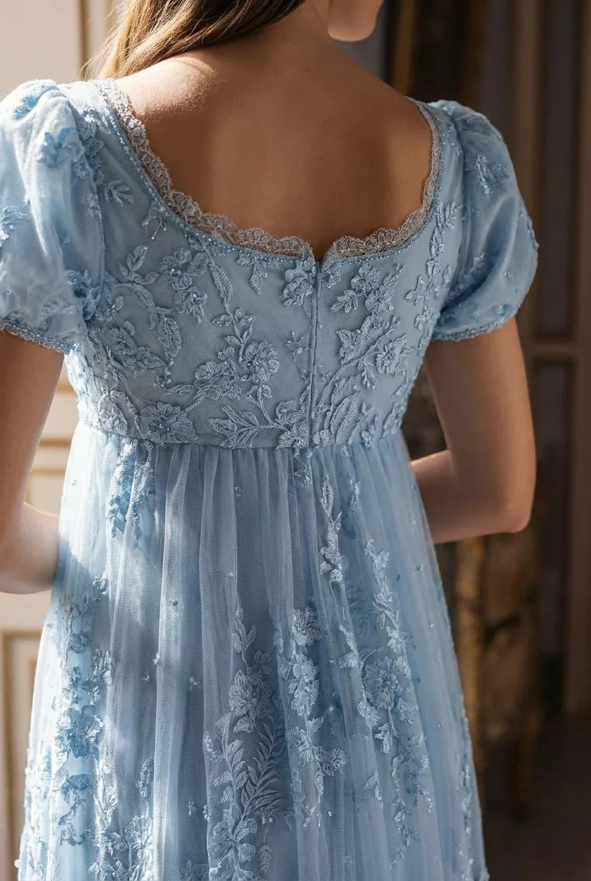 Bridgerton Daphne Blue Pink Lilac Lace Dress With Beading- Regency Era Blue Lace Dress Plus Size - Image 5
