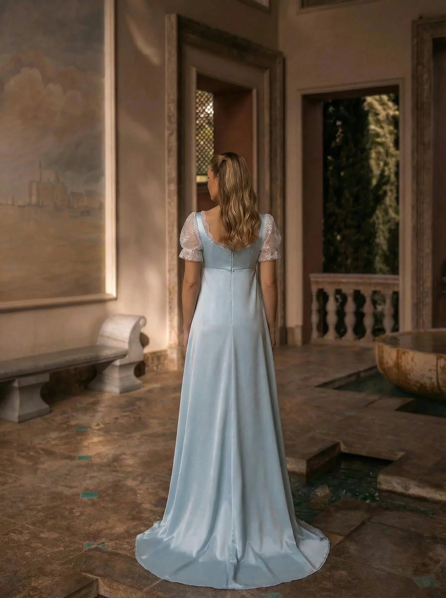 Bridgerton Daphne Blue Satin Dress With Lace - Regency Era Blue Dress Plus Size - Image 3