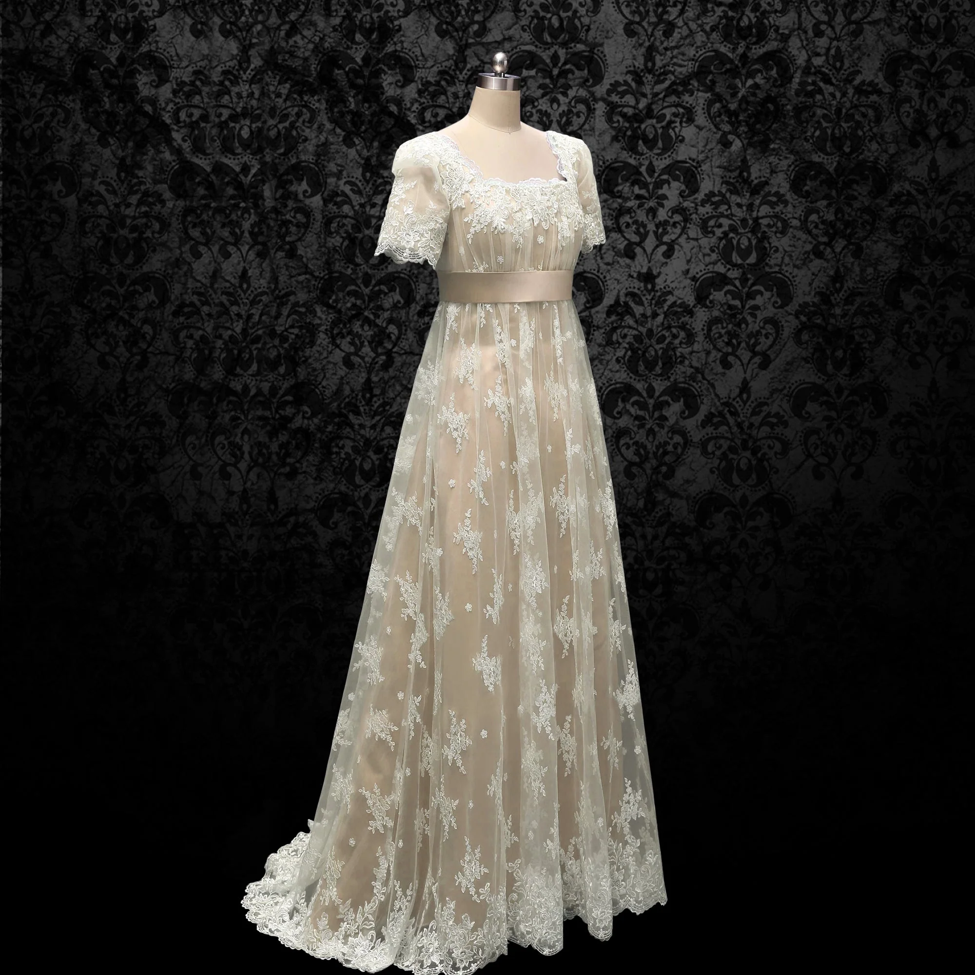 Bridgerton Daphne Empire Waist Champagne Dress With Lace- Regency Era Ball Gown Plus Size - Image 10