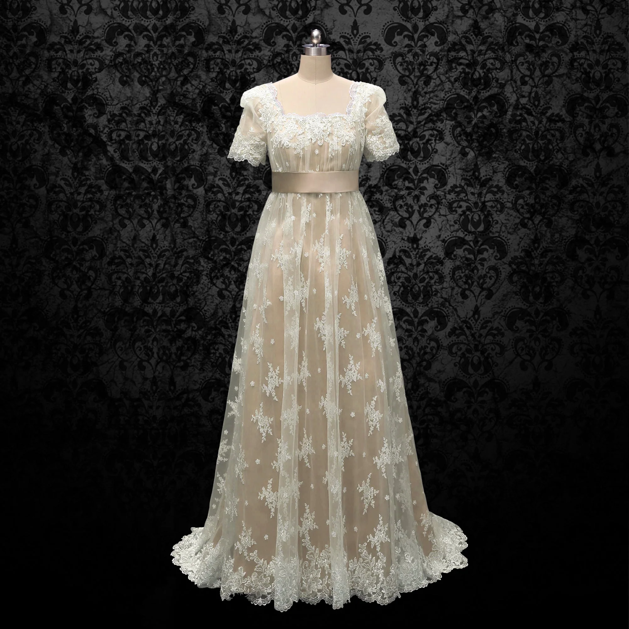 Bridgerton Daphne Empire Waist Champagne Dress With Lace- Regency Era Ball Gown Plus Size - Image 8
