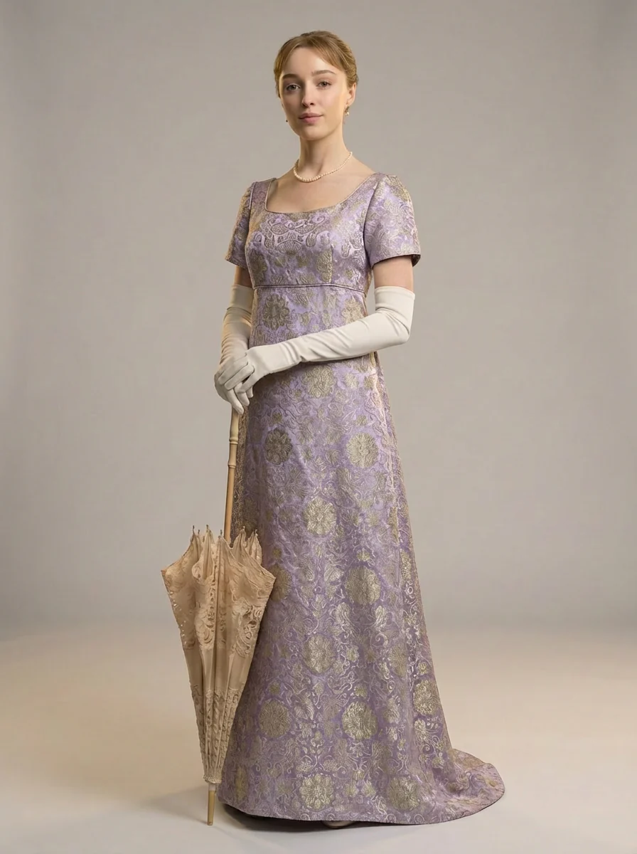 Bridgerton Daphne Purple Jacquard Dress - Regency Era Purple Satin Regency Gown Plus Size - Image 8