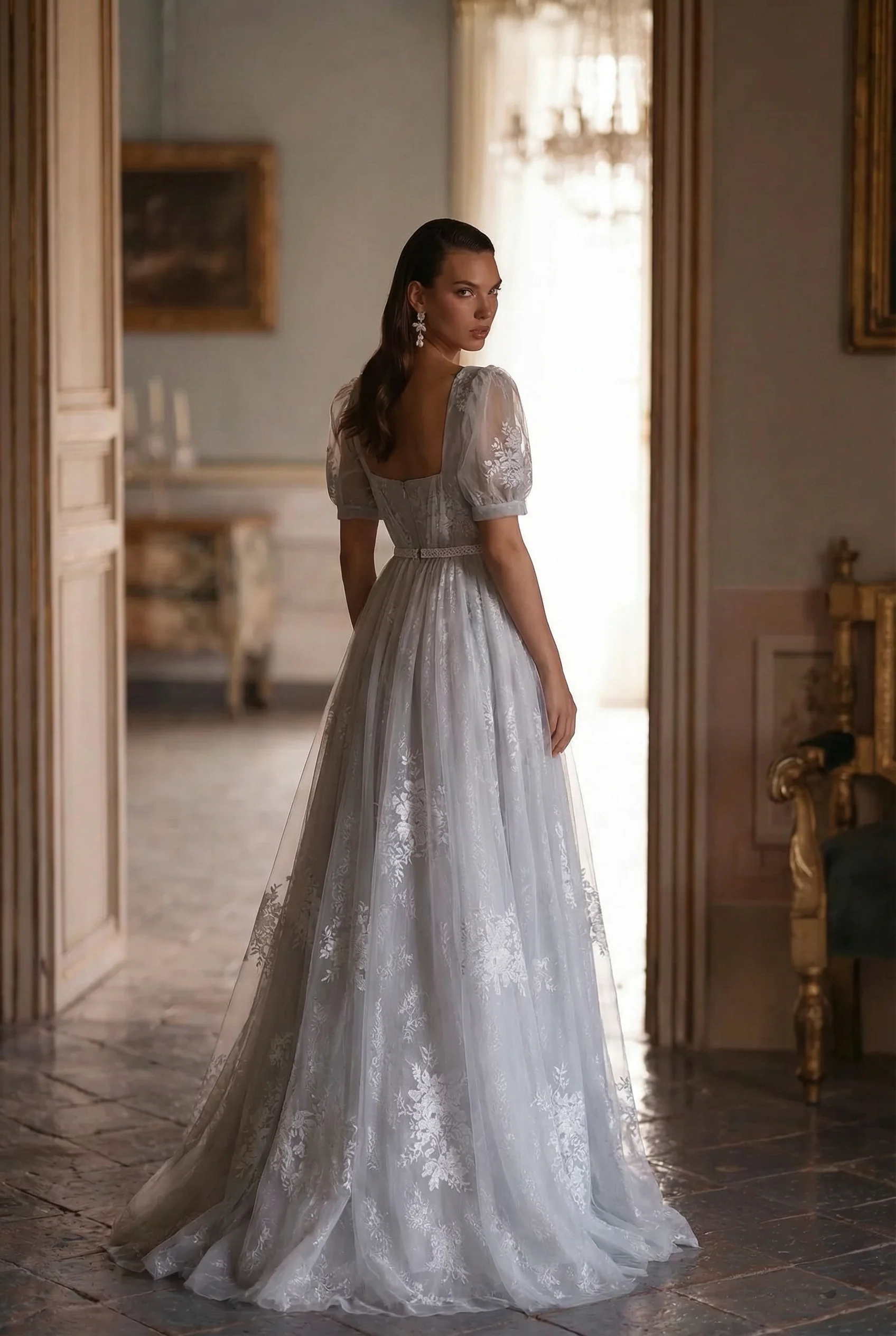 Bridgerton Empire Waist grey ball gown, Regency Era dress with Lace Embroidery,  Jane Austin plus size - Image 3