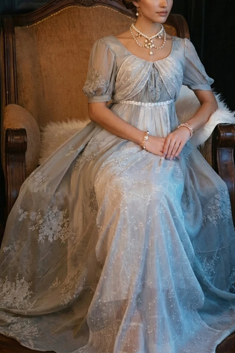 Bridgerton Empire Waist grey ball gown, Regency Era dress with Lace Embroidery,  Jane Austin plus size - Image 4