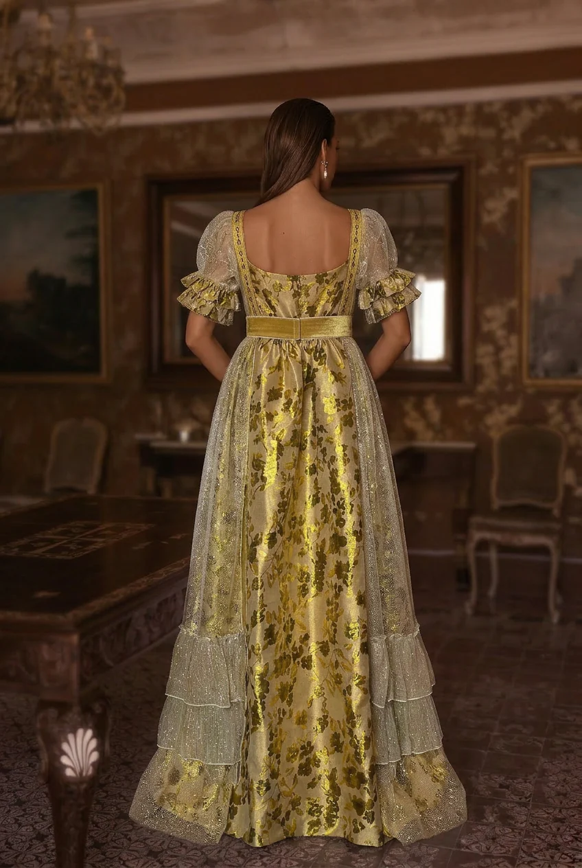 Bridgerton Inspired Gold Printed Regency Era Ball Gown -  Regency Era prom dress costume Custom Made  - plus size - Image 3