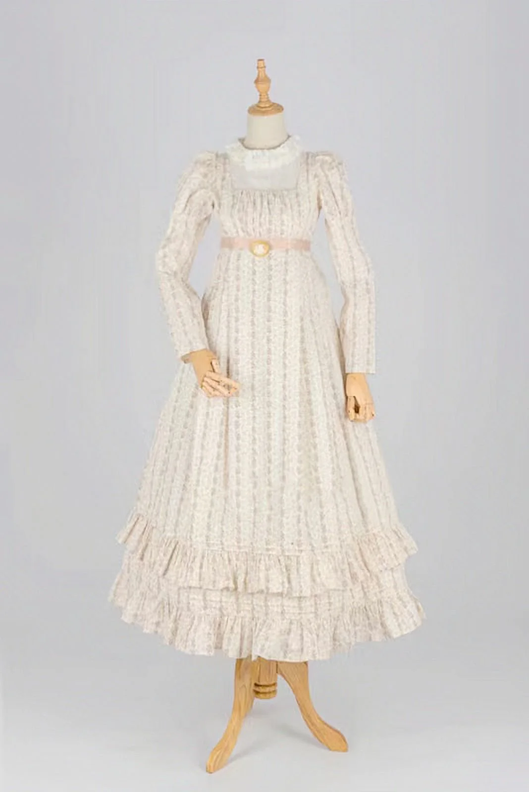 Bridgerton Inspired Regency Era High-necked Beige Striped Dress - Regency Era Ball Gown Plus Size - Image 6