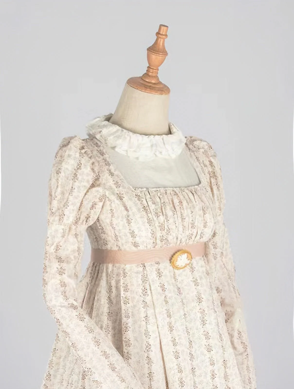 Bridgerton Inspired Regency Era High-necked Beige Striped Dress - Regency Era Ball Gown Plus Size - Image 8