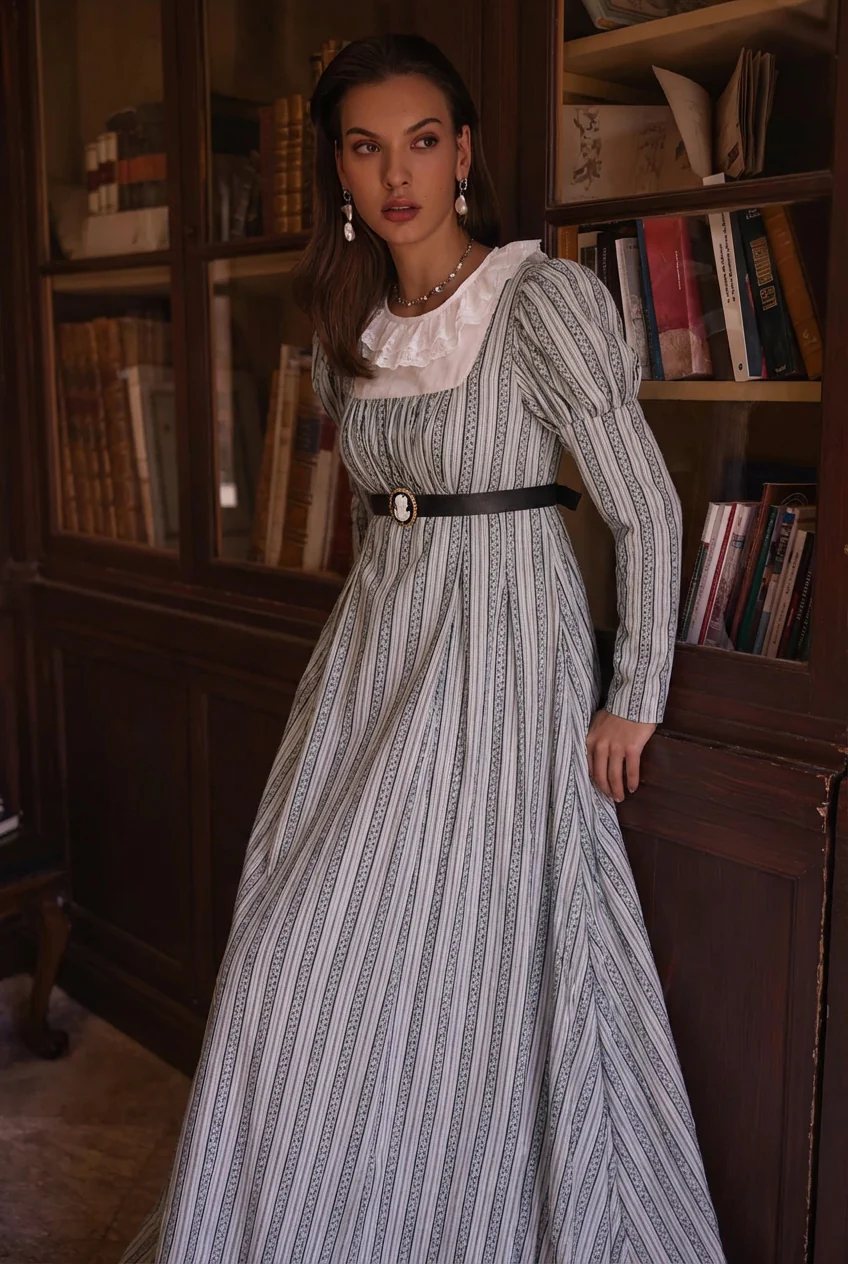 Bridgerton Inspired Regency Era High-necked Grey Striped Dress - Regency Era Ball Gown Plus Size - Image 3