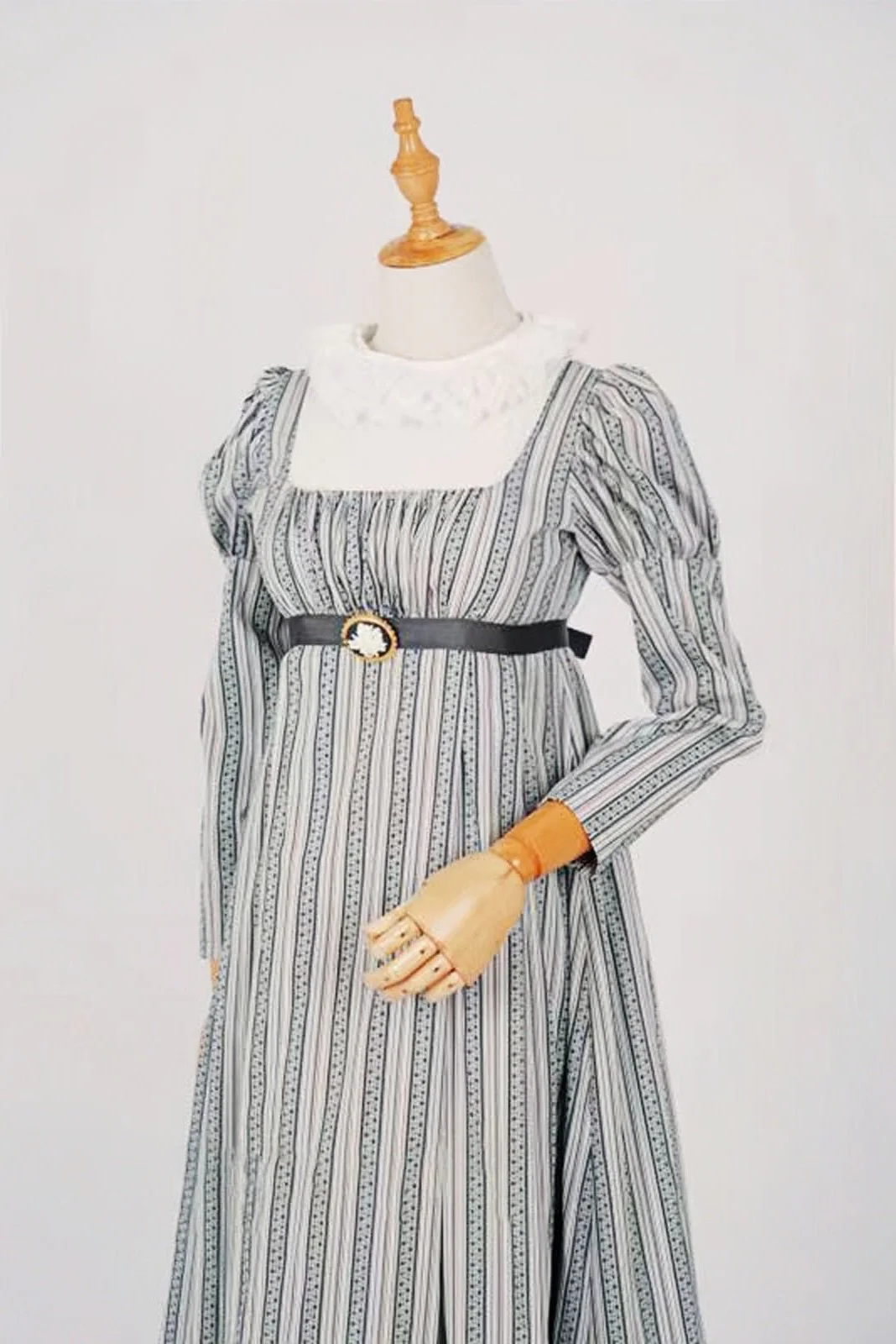 Bridgerton Inspired Regency Era High-necked Grey Striped Dress - Regency Era Ball Gown Plus Size - Image 6
