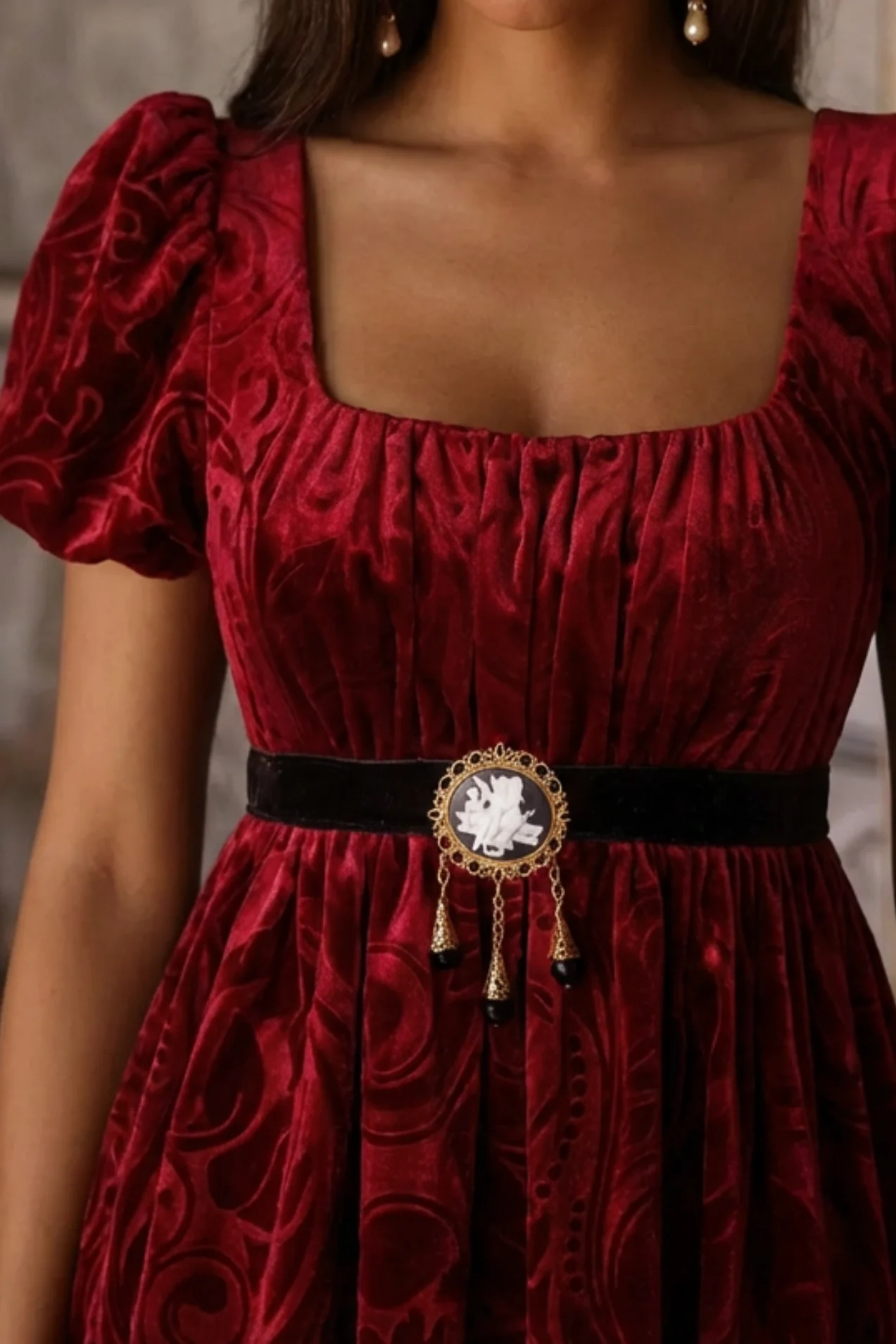 Bridgerton Inspired Regency Era Ruby Red Velvet Jacquard Ball Gown - Regency Era Dress Plus Size - Image 3