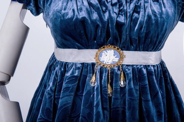 Bridgerton Inspired Regency Era Sapphire Velvet Jacquard Dress - Regency Era Ball Gown Plus Size - Image 8