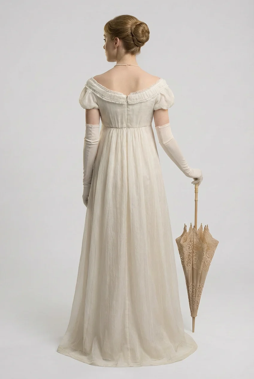 Bridgerton inspired White Regency Era Dress with Chiffon Ruffle - Custom Made Regency Dress with Pearl Plus Size - Image 5