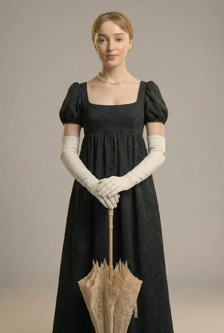 Classic Regency Era Black Lace Dress - Empire Waist Ball Gown Plus Size - Image 4