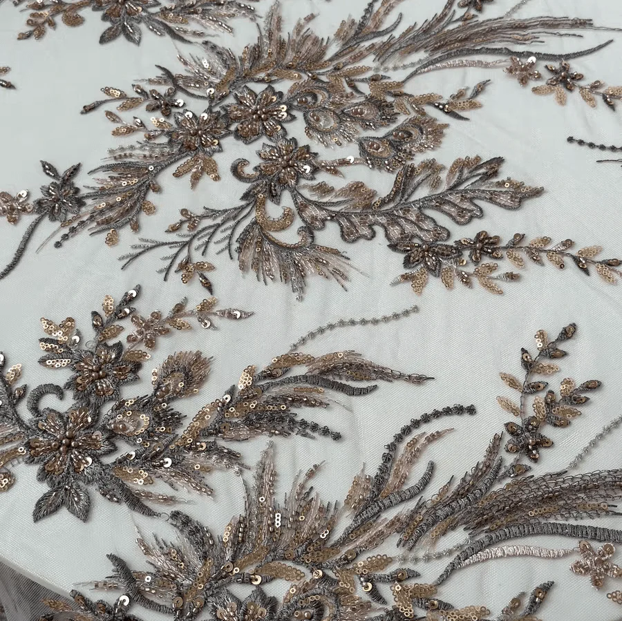 Bronze Floral Sequin Embroidered Lace Fabric - Image 2