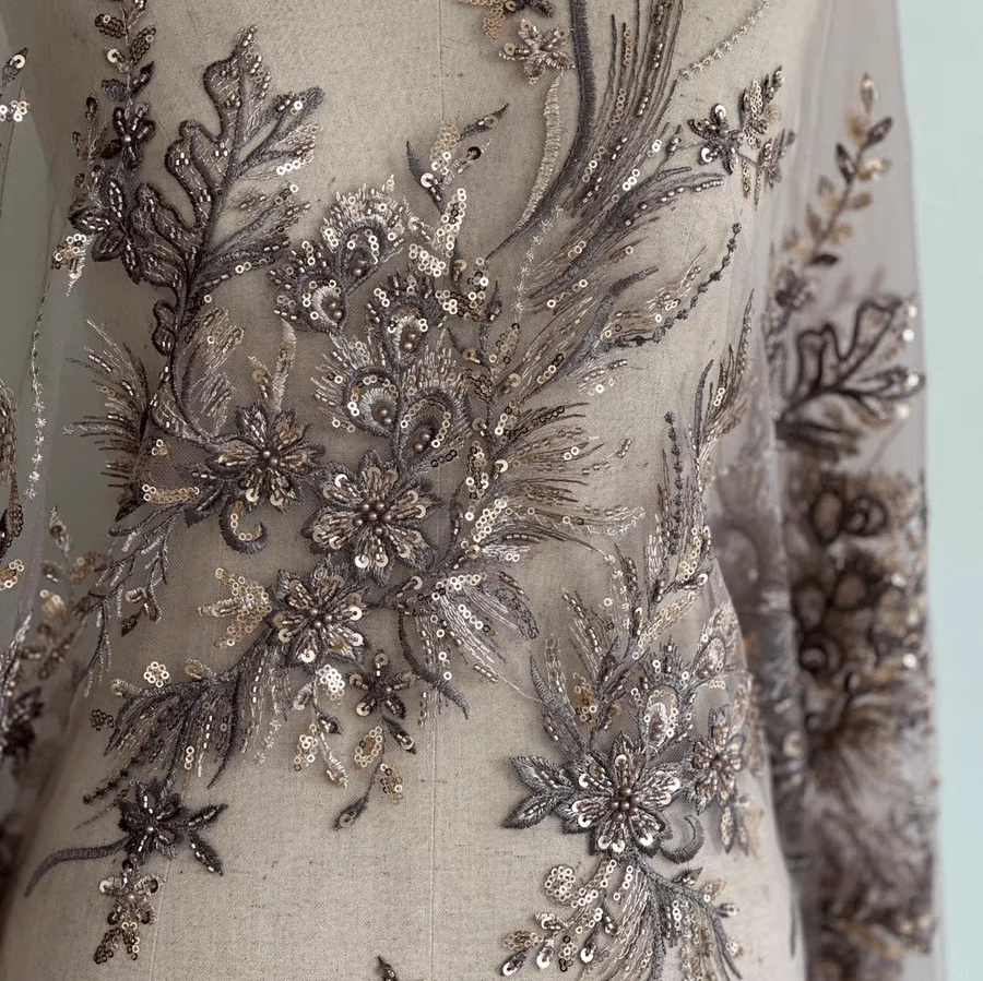 Bronze Floral Sequin Embroidered Lace Fabric - Image 3