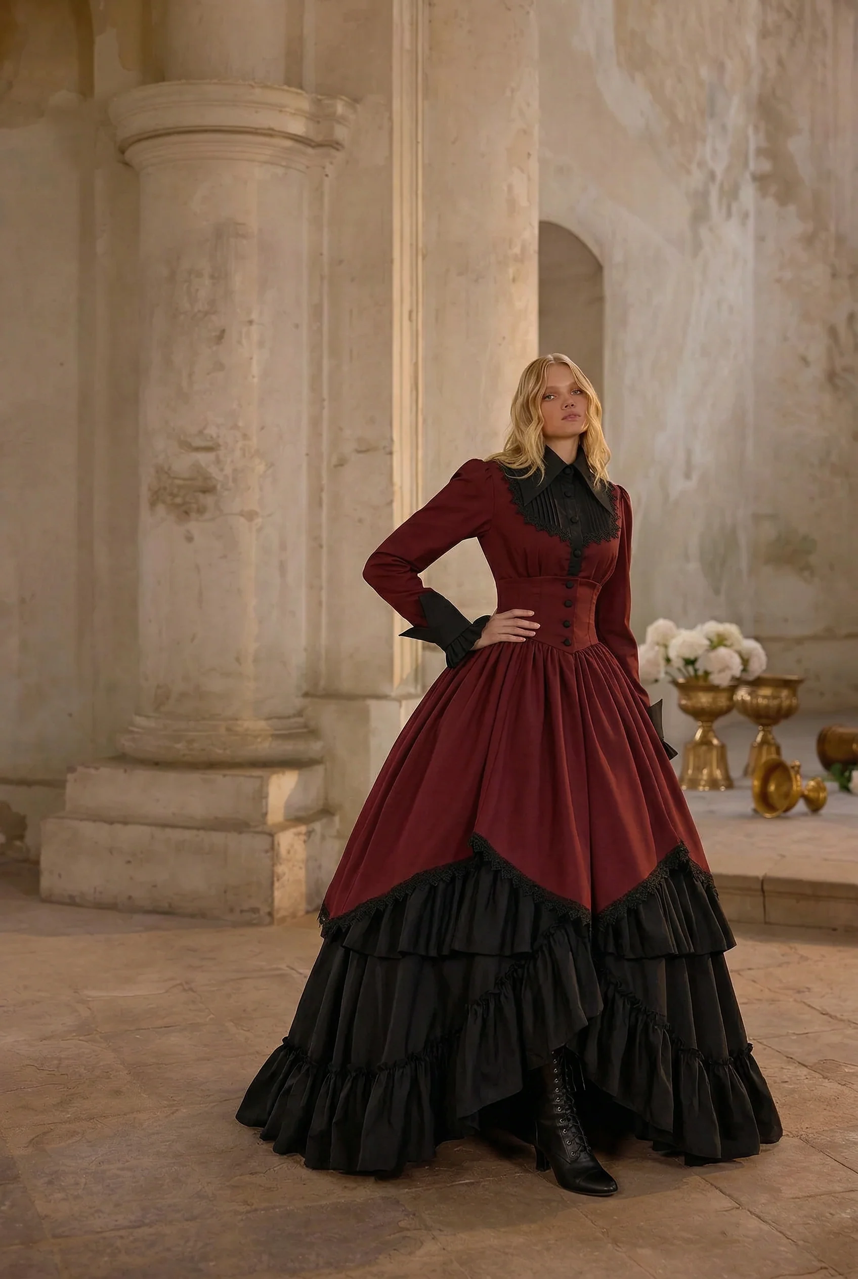 Burgundy and Black Gothic Lolita Prom Dress Ball Gown - Victorian-Inspired Dress with Lace Plus Size