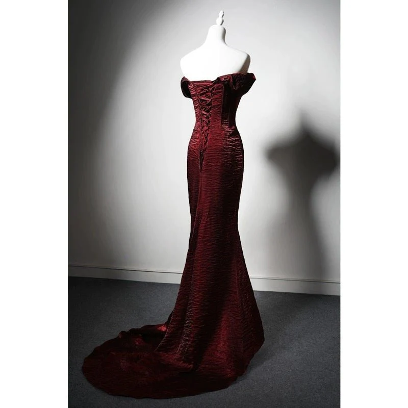 Burgundy Crinkled Satin Evening Dress - Elegant Off-the-Shoulder Red Evening Gown with Corset Plus Size - Image 3