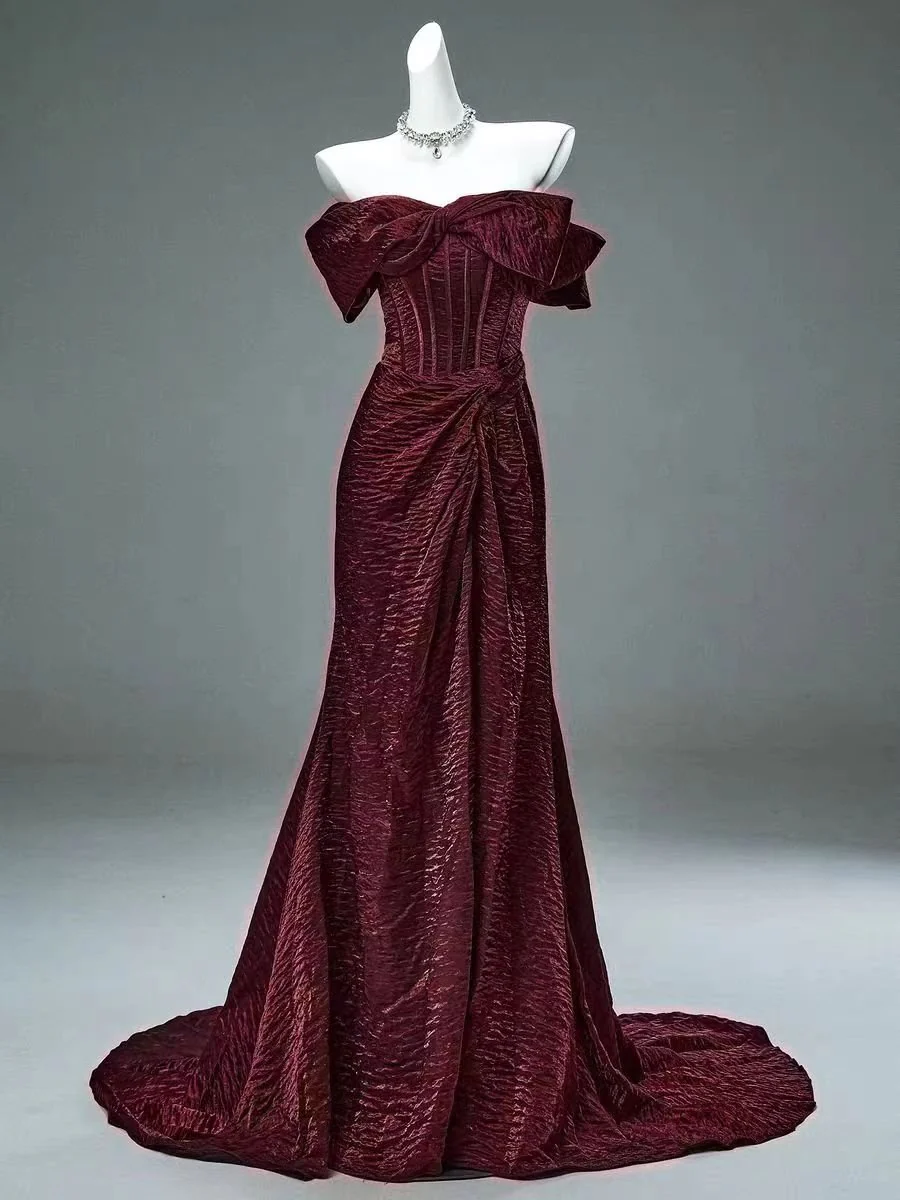Gothic Burgundy Off-Shoulder Velvet Evening Gown with Train - Plus Size