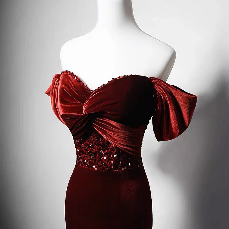 Burgundy Velvet Beaded Formal Dress With Sequins - For Wedding Plus Size - Image 3