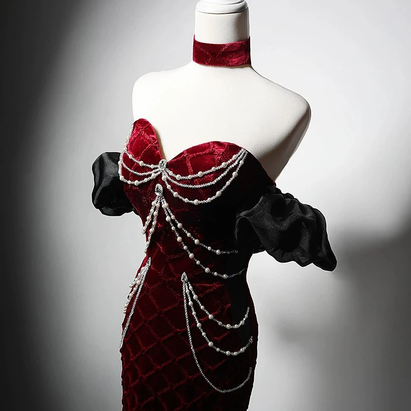 Burgundy Velvet Evening Dress with Pearl Chains - Off-the-Shoulder Dress with Sleeves - Red Evening Gown Plus Size - Image 4