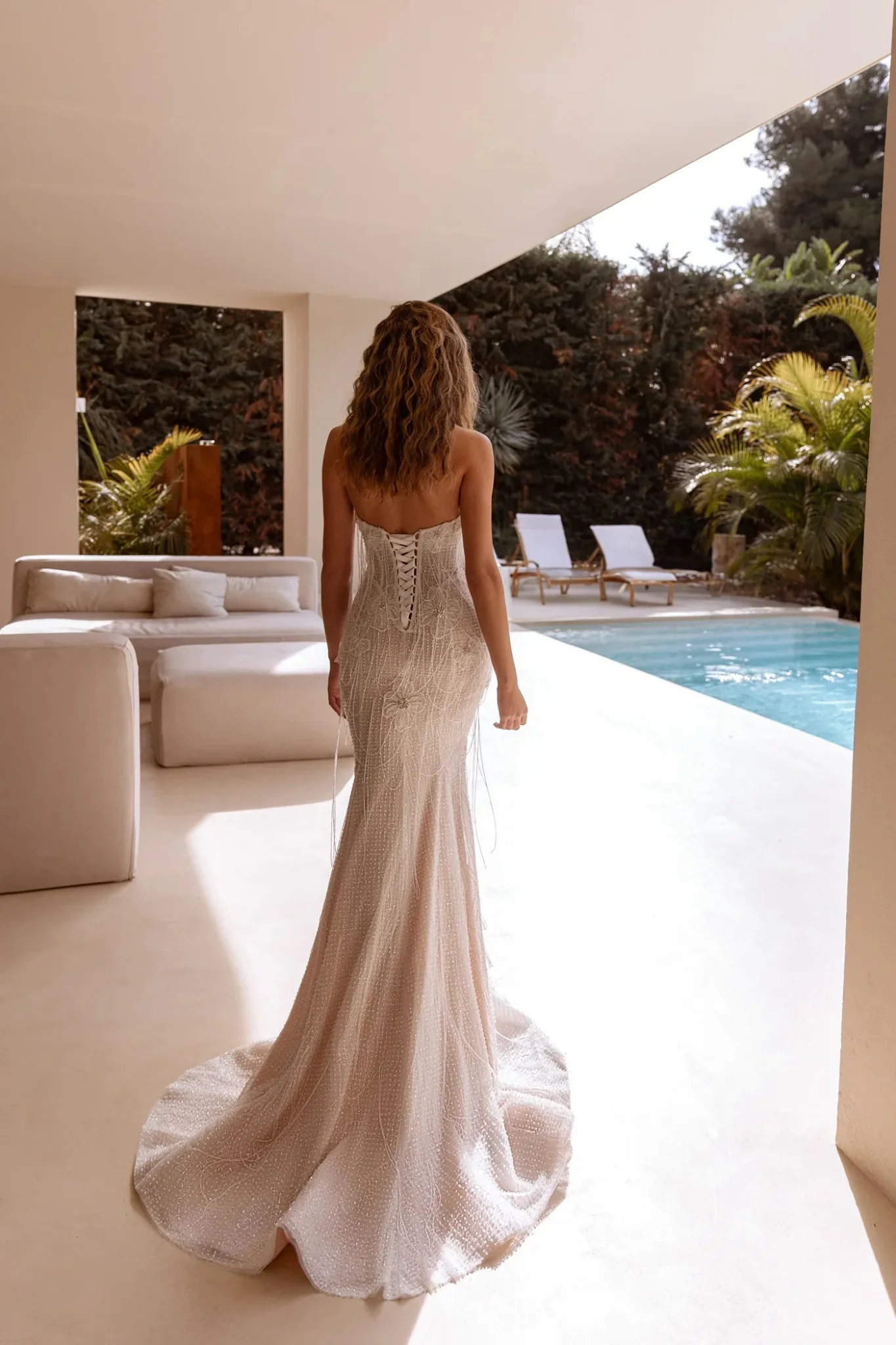 White Strapless Lace Wedding Dress with Subtle Beading and Floor-Length Train - Plus Size-Carlee - Image 5