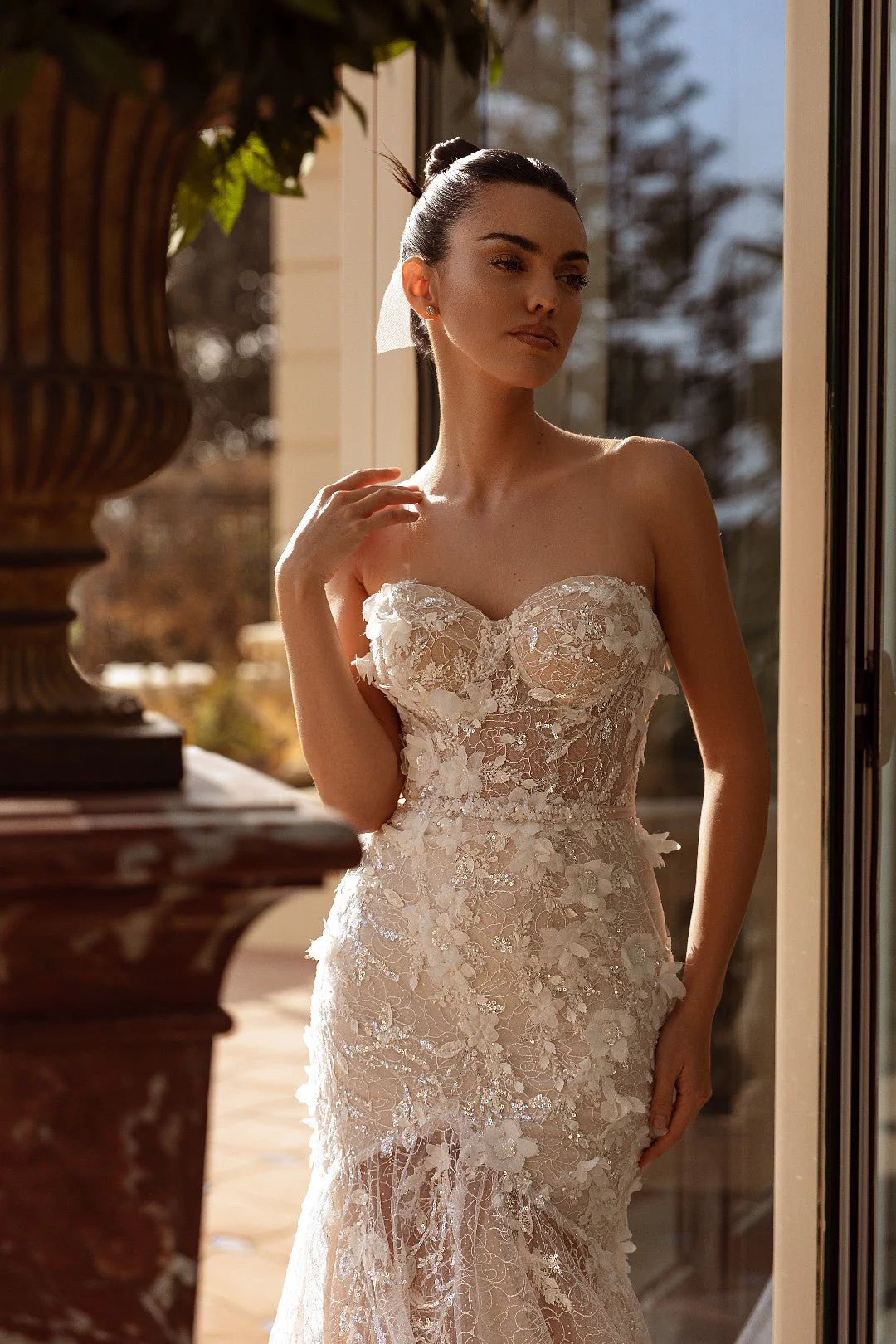 White Strapless Mermaid Wedding Dress with Floral Lace and Flowing Sheer Train - Plus Size-Carmen