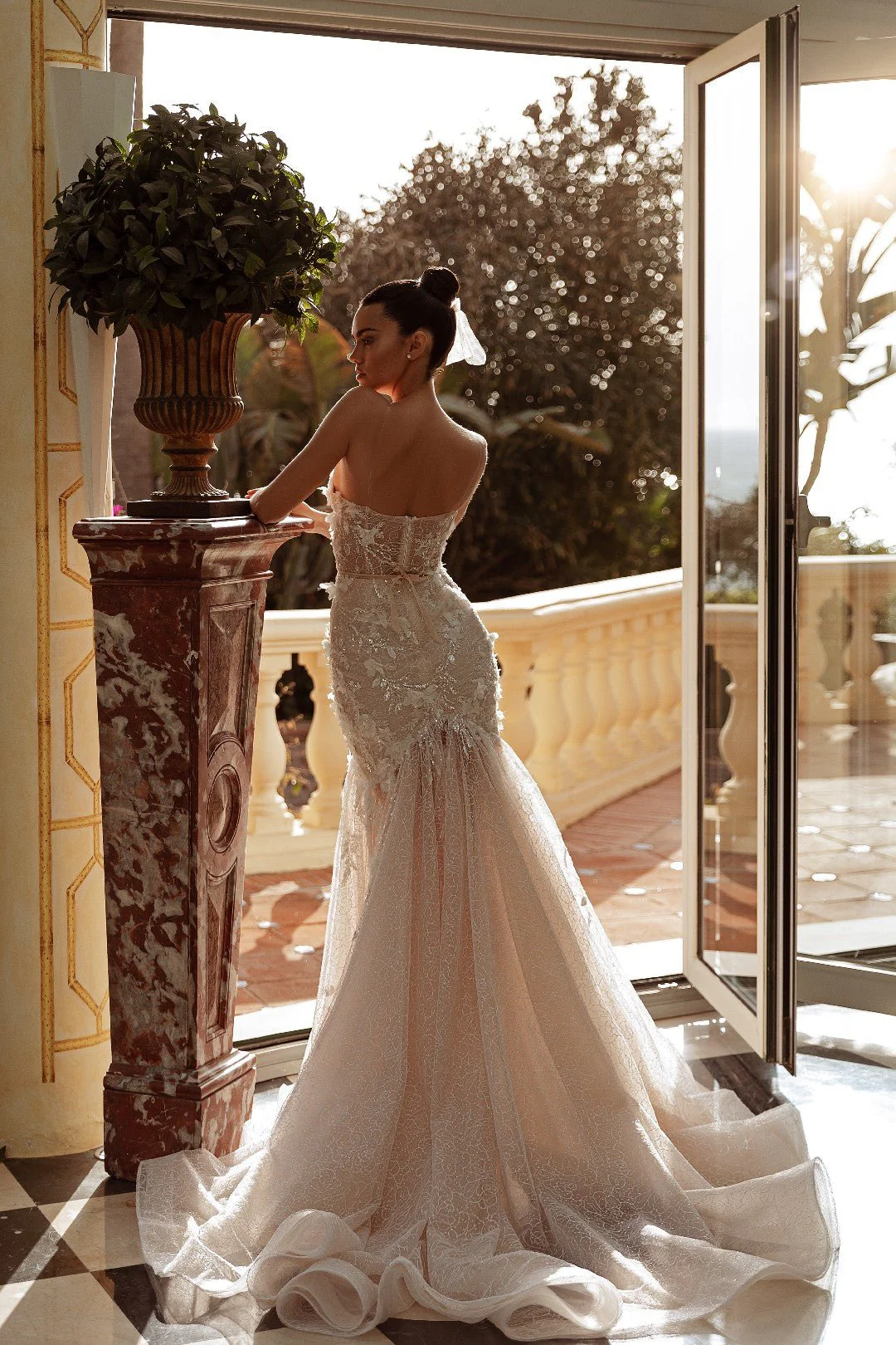 White Strapless Mermaid Wedding Dress with Floral Lace and Flowing Sheer Train - Plus Size-Carmen - Image 4