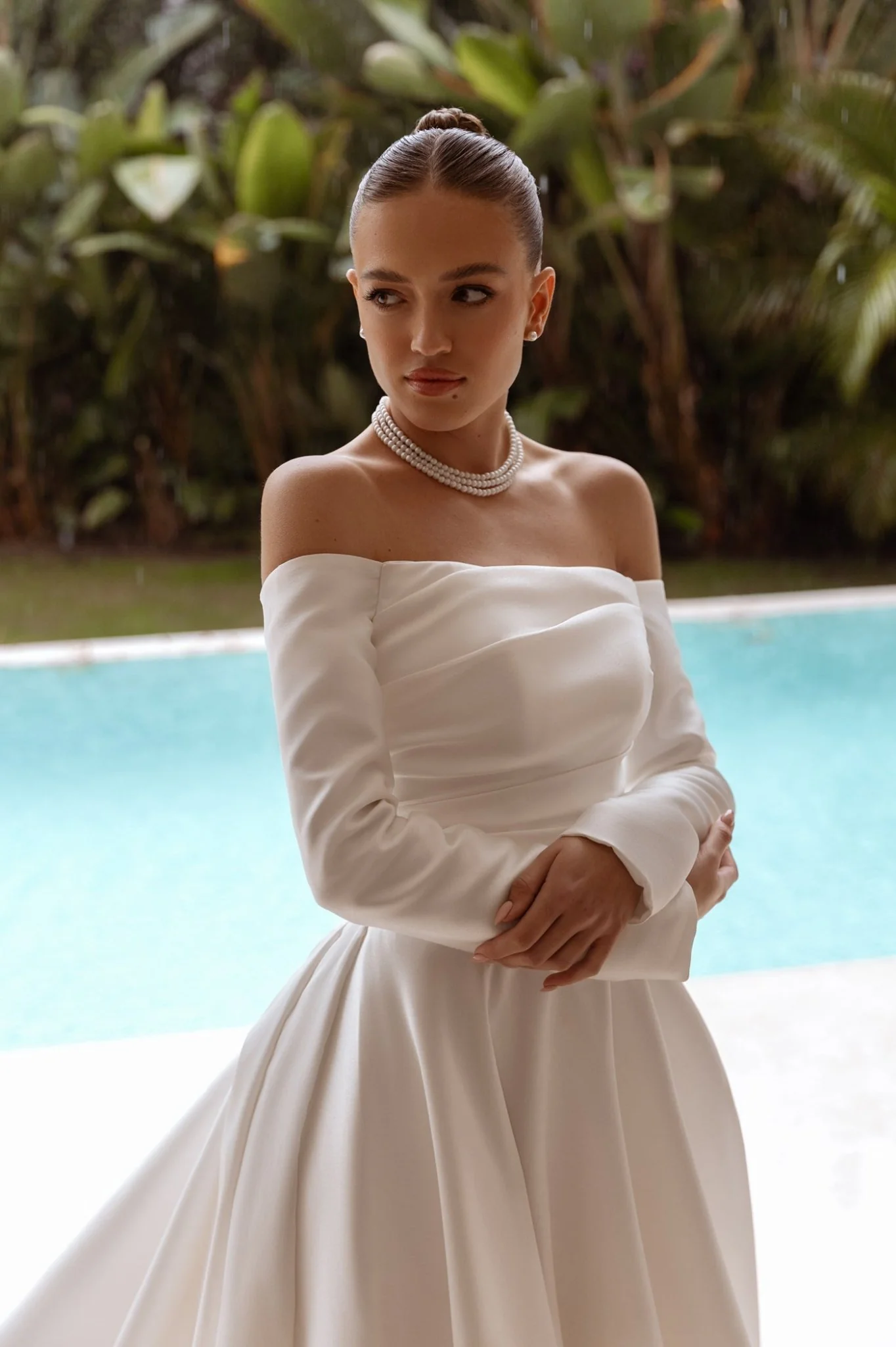 White Off-Shoulder Satin Wedding Dress with Long Sleeves and Floor-Length Train - Plus Size-Carter