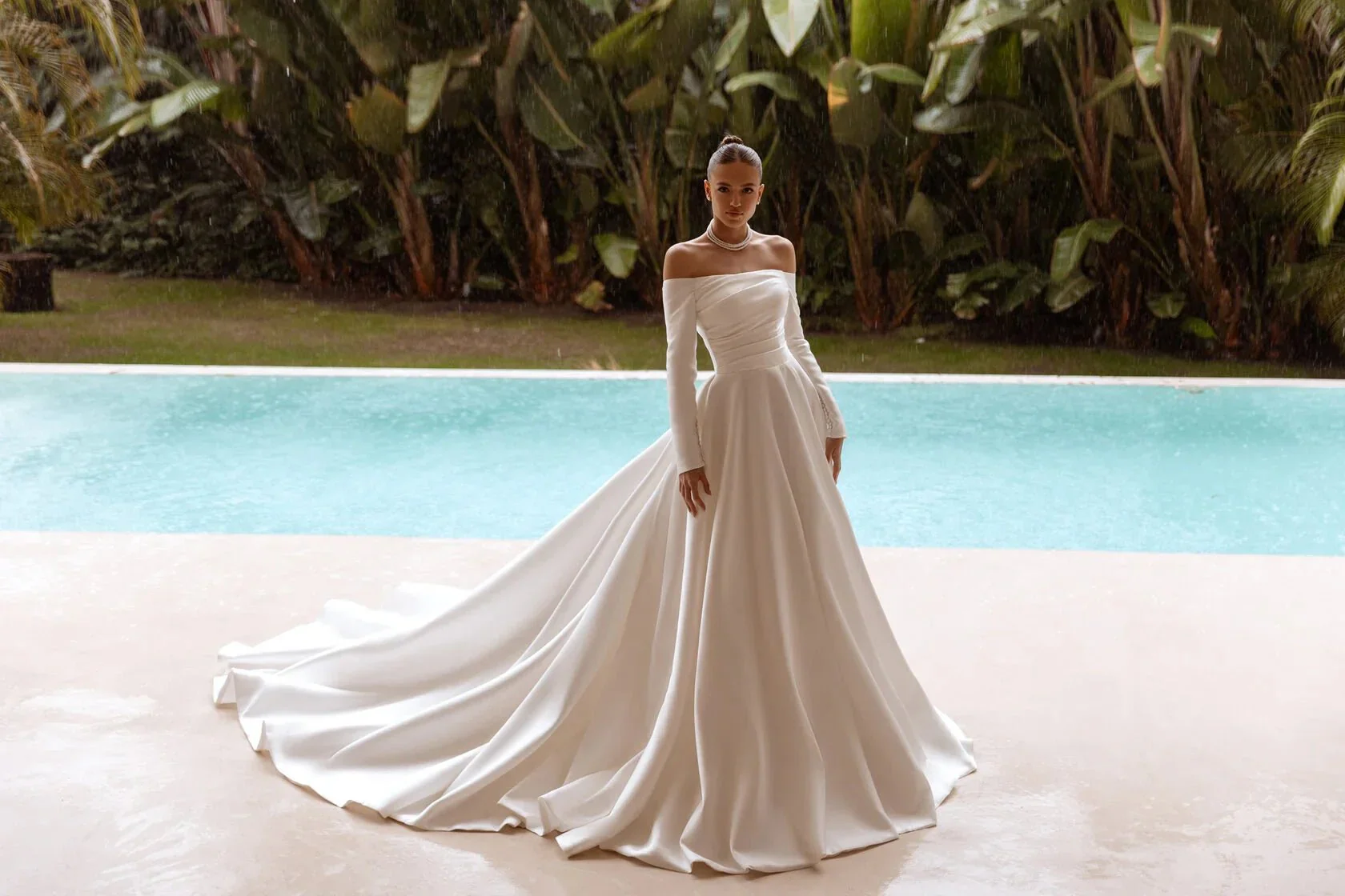 White Off-Shoulder Satin Wedding Dress with Long Sleeves and Floor-Length Train - Plus Size-Carter - Image 2
