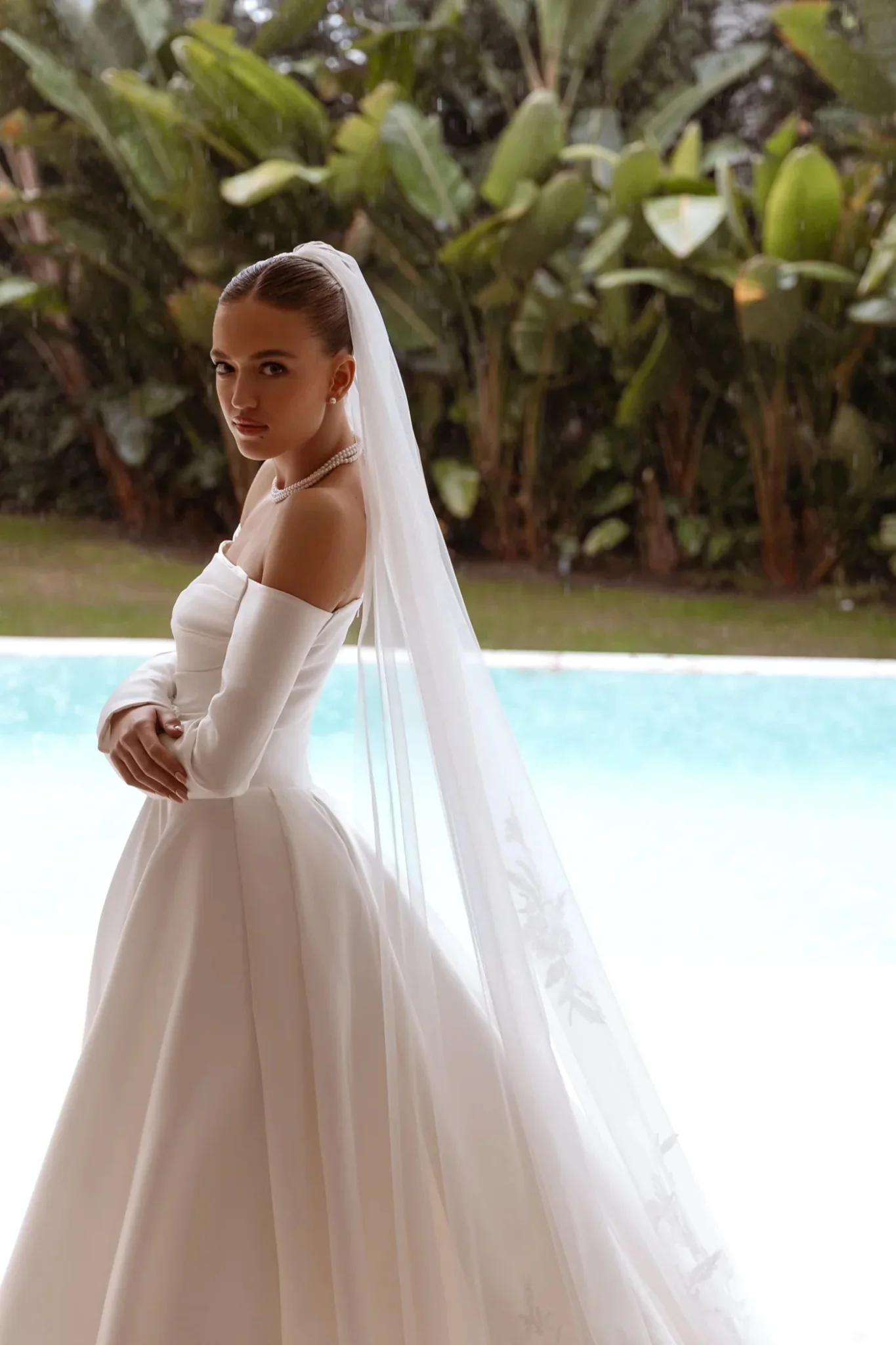 White Off-Shoulder Satin Wedding Dress with Long Sleeves and Floor-Length Train - Plus Size-Carter - Image 4