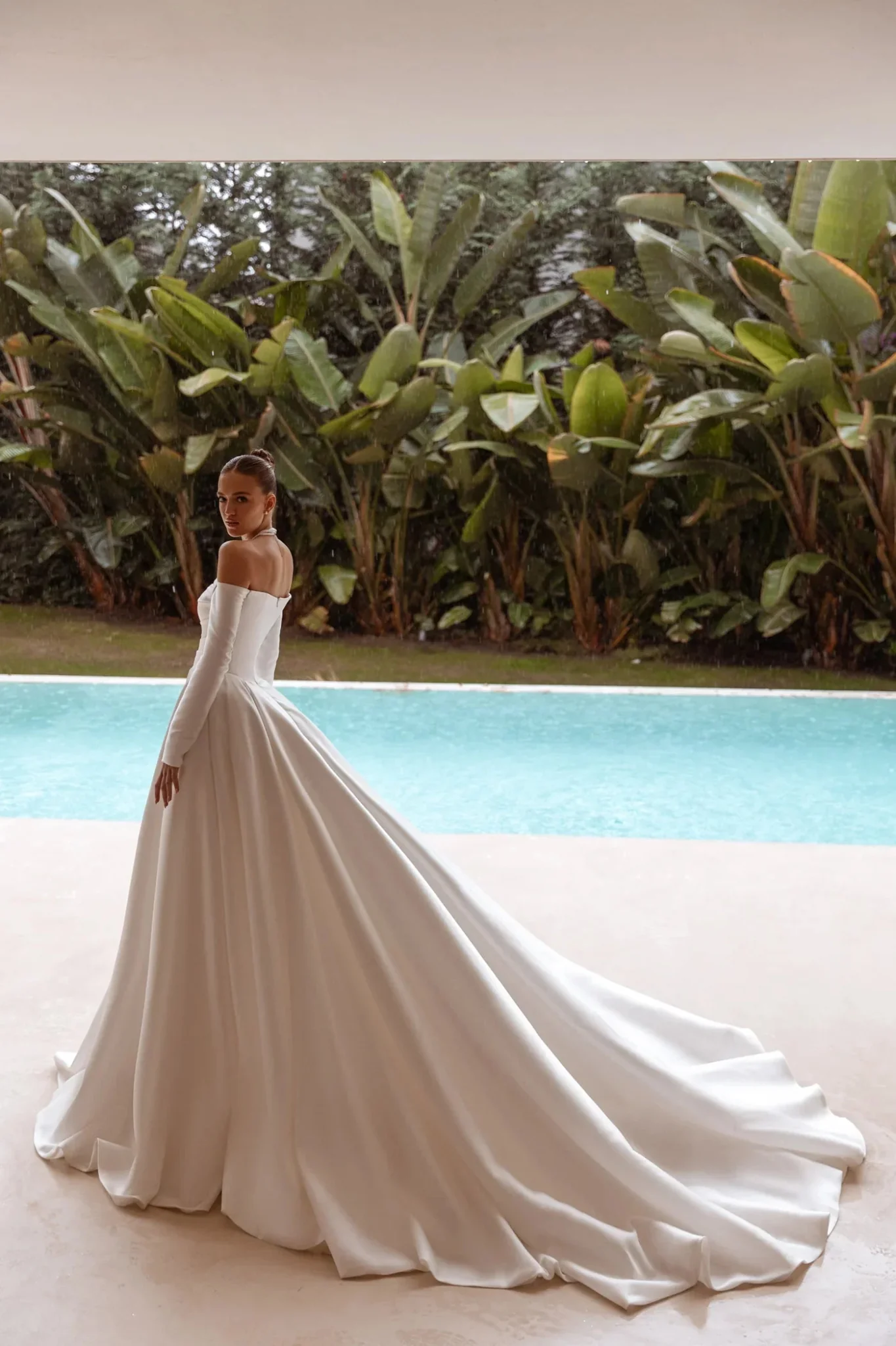 White Off-Shoulder Satin Wedding Dress with Long Sleeves and Floor-Length Train - Plus Size-Carter - Image 5