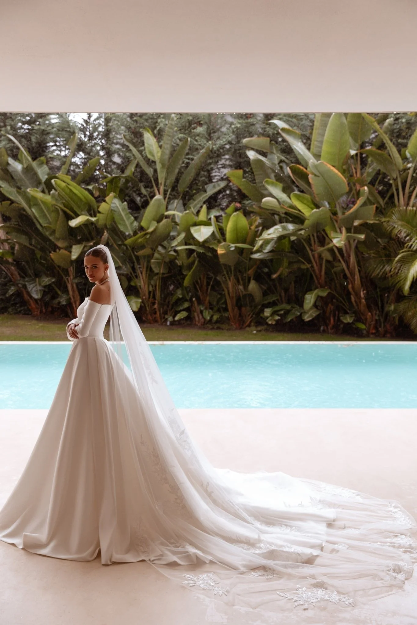 White Off-Shoulder Satin Wedding Dress with Long Sleeves and Floor-Length Train - Plus Size-Carter - Image 6