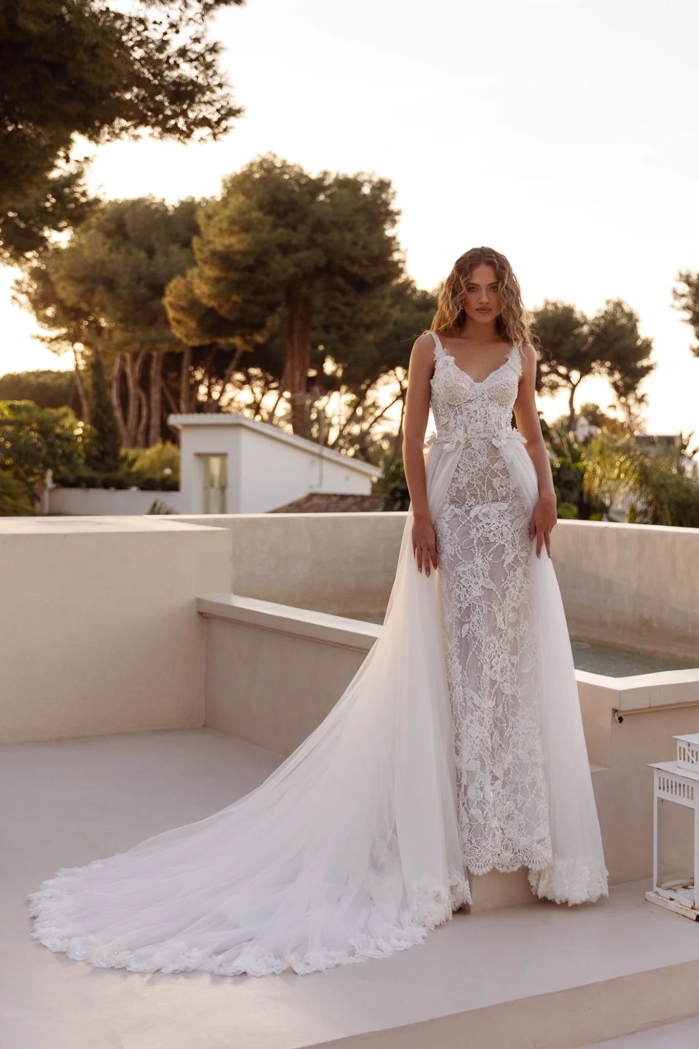 White Lace Spaghetti Strap Wedding Dress with Elegant Floor-Length Train - Plus Size-Casilda