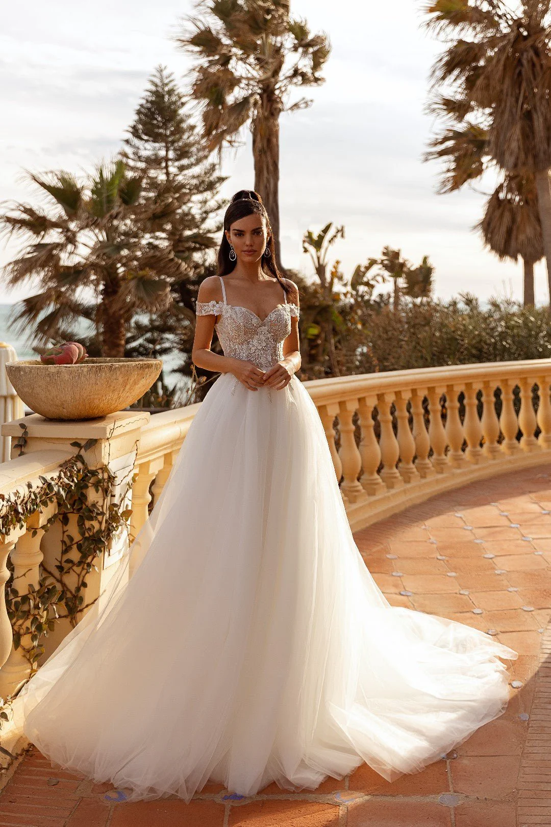 White Sheer Lace Ball Gown Wedding Dress with Spaghetti Straps and Off-Shoulder Sleeves - Plus Size-Catalina