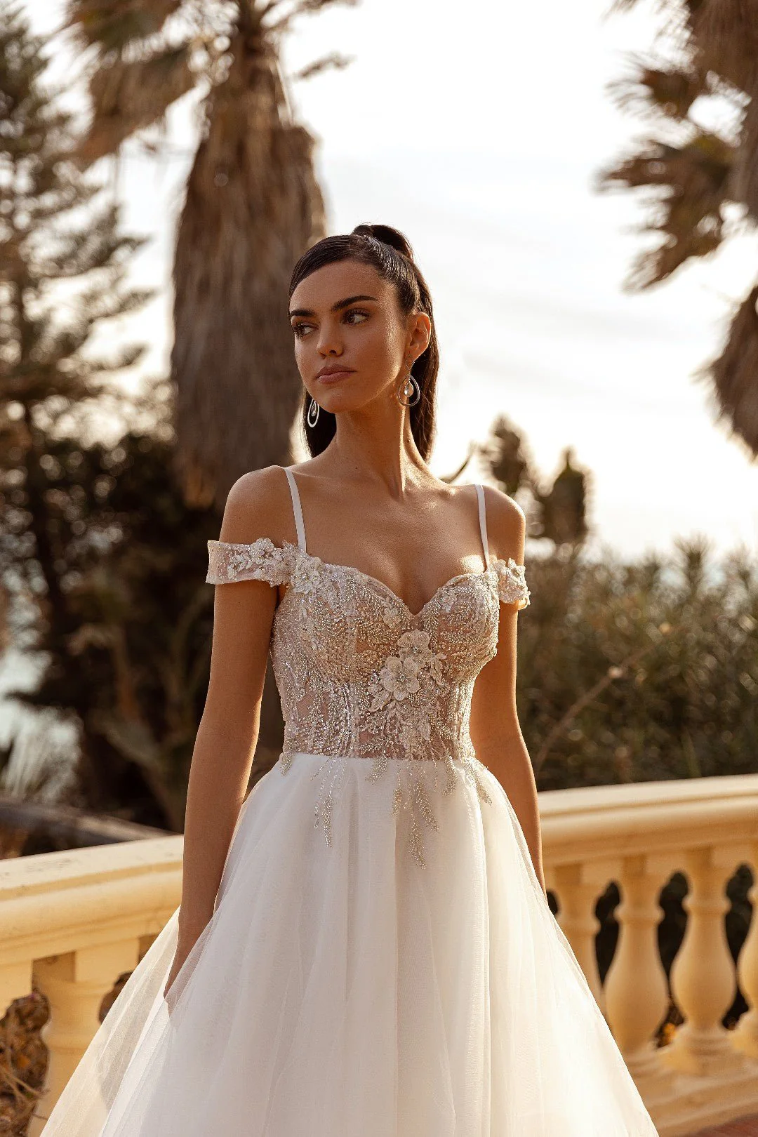 White Sheer Lace Ball Gown Wedding Dress with Spaghetti Straps and Off-Shoulder Sleeves - Plus Size-Catalina - Image 2