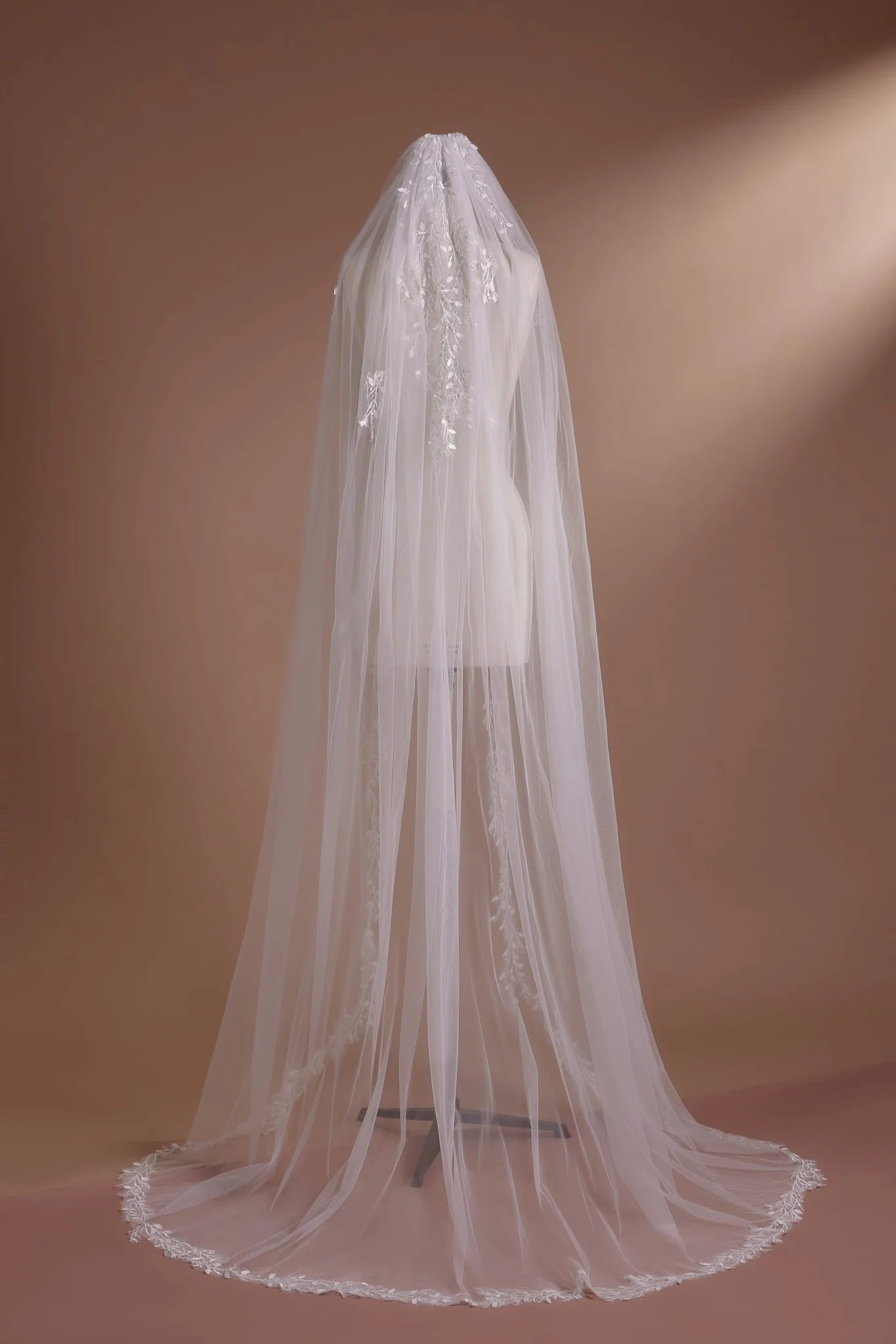 Cathedral Length Veil with Lace Trim and Floral Embroidery - Image 2
