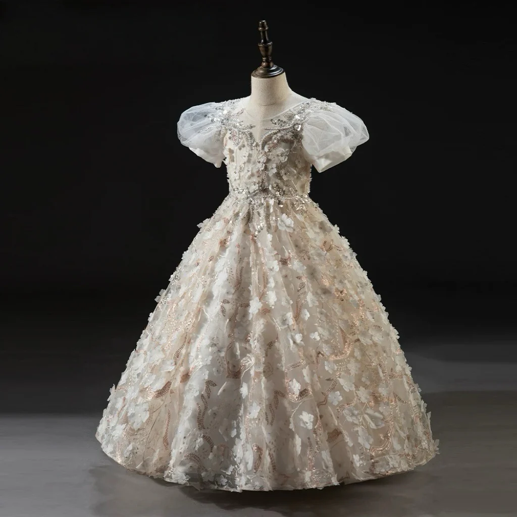 Champagne 3D Floral Lace Flower Girl Dress with Puff Sleeves – Tulle Folwer Girl Dress Plus Size - Image 2