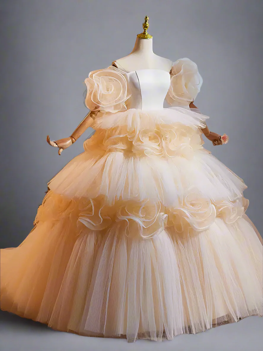 Champagne Ball Gown - Tiered Ball Gown Corset Tulle Dress with Layered Ruffle Skirt – Elegant Evening Gown Plus Size - Image 2
