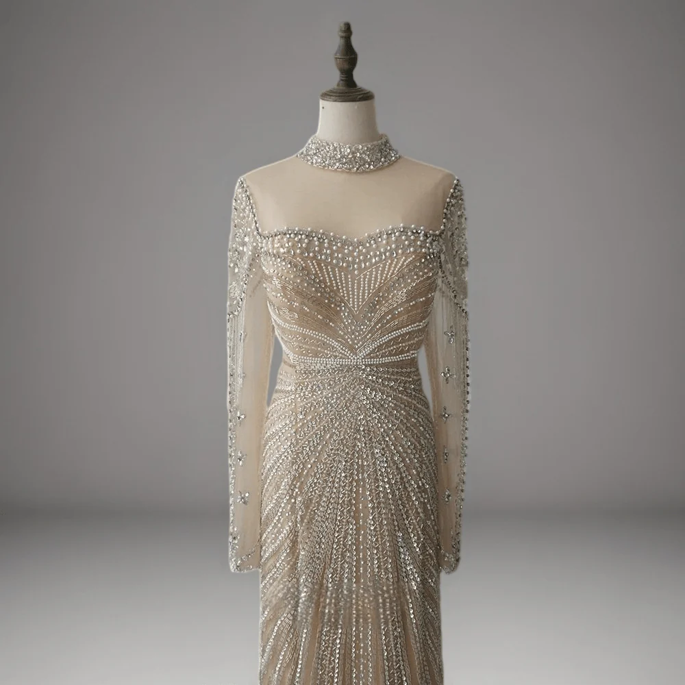 Champagne Beaded Long Sleeve Bridal Gown - Elegant Tulle Wedding Dress Plus Size - Image 3
